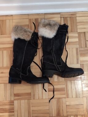 Manas Black Real Fur-Trim Leather Winter Boots Size 40